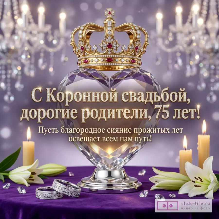 Хрустальное сердце с короной, свечи, белые лилии и кольца на фиолетовом фоне. Надпись: «Коронная свадьба родителей, 75 лет! Пусть благородное сияние ваших седин отражает свет вечной гармонии.»