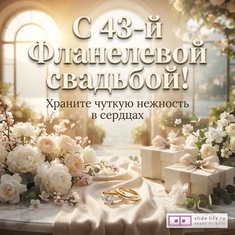 Открытка с бежевым фоном, окнами, цветами, обручальными кольцами, подарками. Текст: «С 43-й Фланелевой свадьбой! Храните чуткую нежность в сердцах»