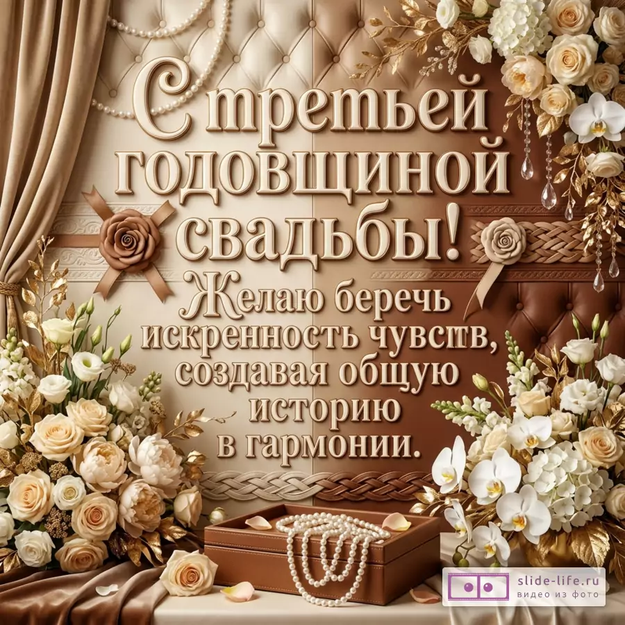 Бежево-коричневая открытка с кожаными панелями, букетами кремовых роз, кольцами, жемчугом и атласной тканью, текст «С 3-летней годовщиной союза! Желаю беречь искренность чувств, создавая общую историю в гармонии.»