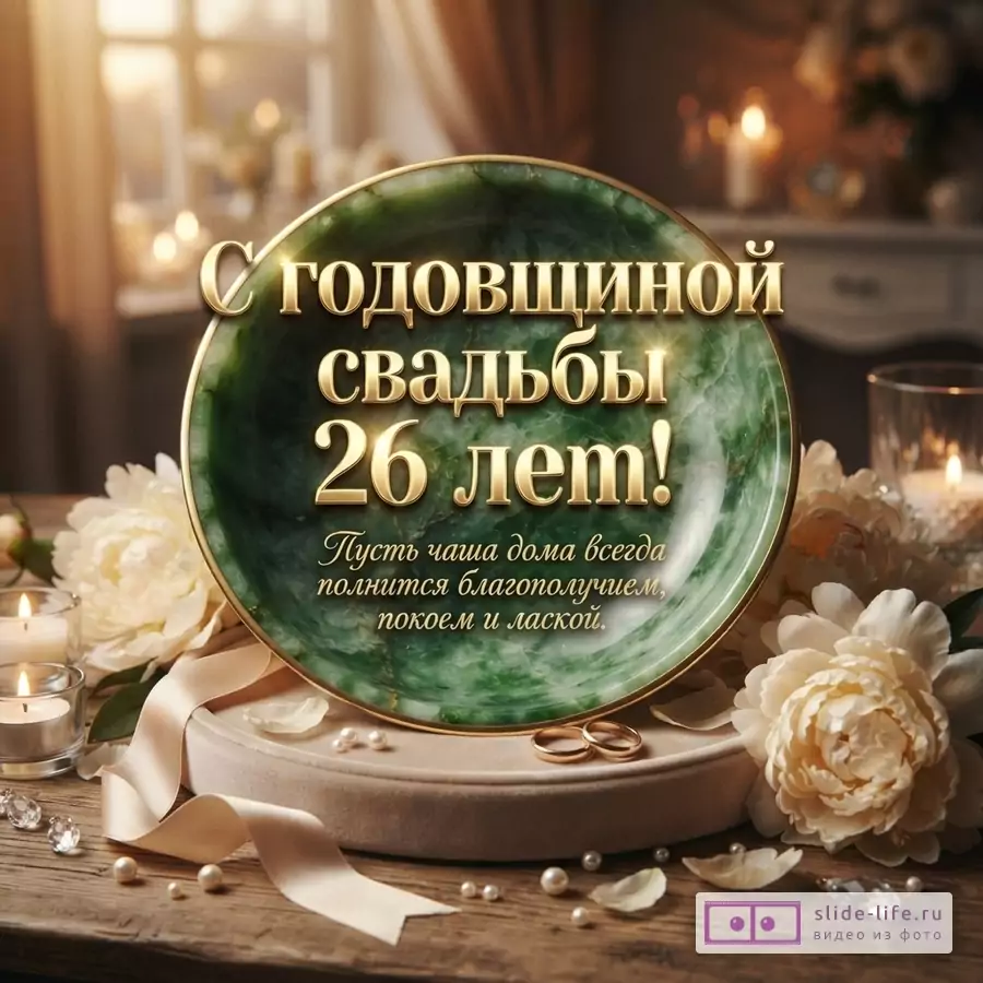 Зеленая тарелка с золотой надписью «С годовщиной свадьбы 26 лет! Пусть чаша дома всегда полнится благополучием, покоем и лаской.», свечи, цветы, кольца, бежевые ленты