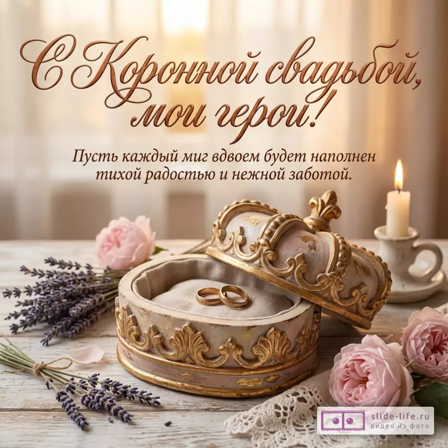Шкатулка-корона с кольцами, розы, лаванда, свеча на светлом столе и текст: «С Коронной свадьбой, мои герои! Пусть каждый миг вдвоем будет наполнен тихой радостью и нежной заботой.»