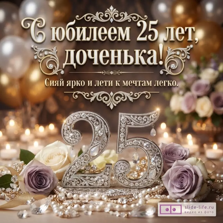 Инкрустированная кристаллами цифра 25 среди роз, жемчуга и свечей, надпись: «С юбилеем 25 лет, доченька! Сияй ярко и лети к мечтам легко.»