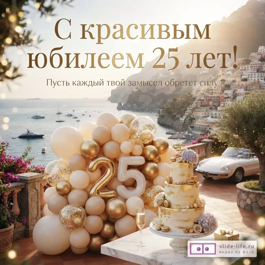 Терраса с видом на море, композиция из бежевых и золотых шаров с цифрой 25, ярусный торт и текст «С красивым юбилеем 25 лет! Пусть каждый твой замысел обретет силу».