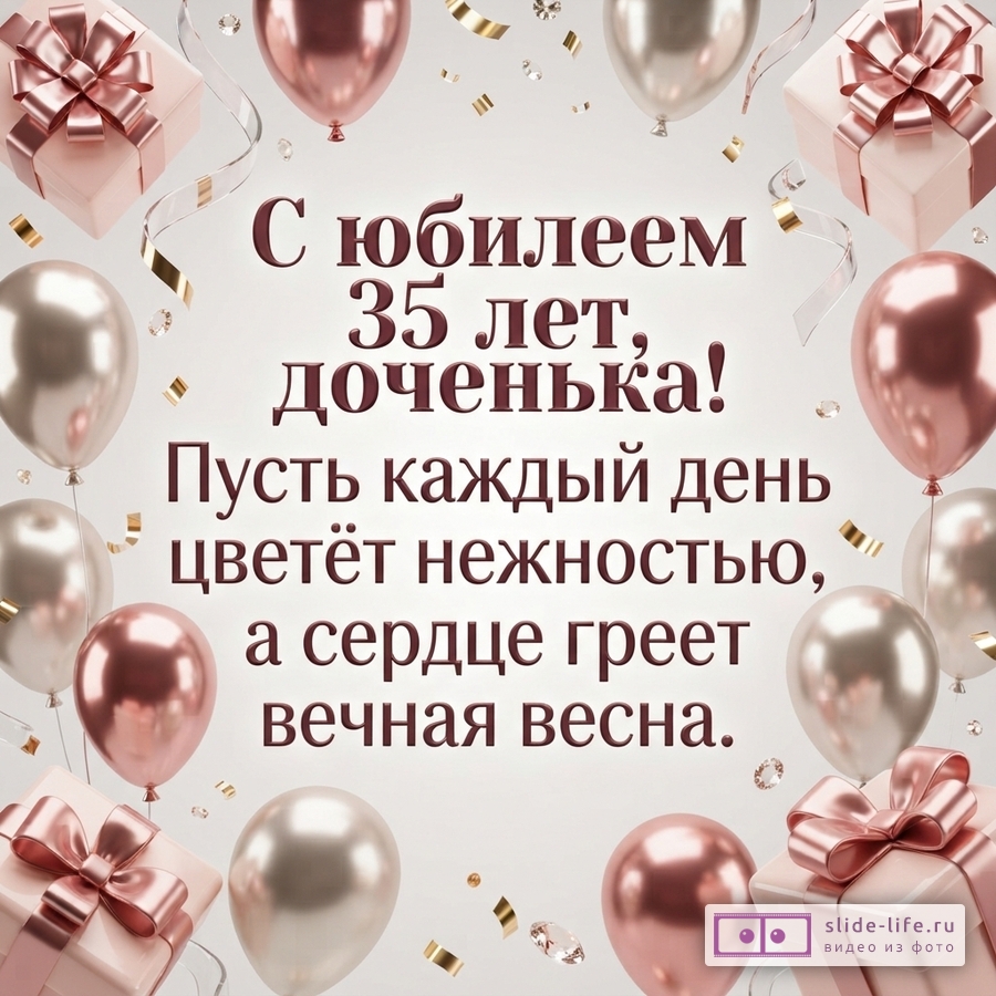 Воздушные шары цвета розового золота и подарочные коробки с надписью «С юбилеем 35 лет, доченька! Пусть каждый день цветёт нежностью, а сердце греет вечная весна.»