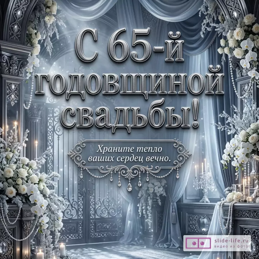 Серо-голубая открытка с драпировками, белыми цветами, свечами и декоративной рамкой, текст «С 65-й годовщиной свадьбы! Храните тепло ваших сердец вечно.»