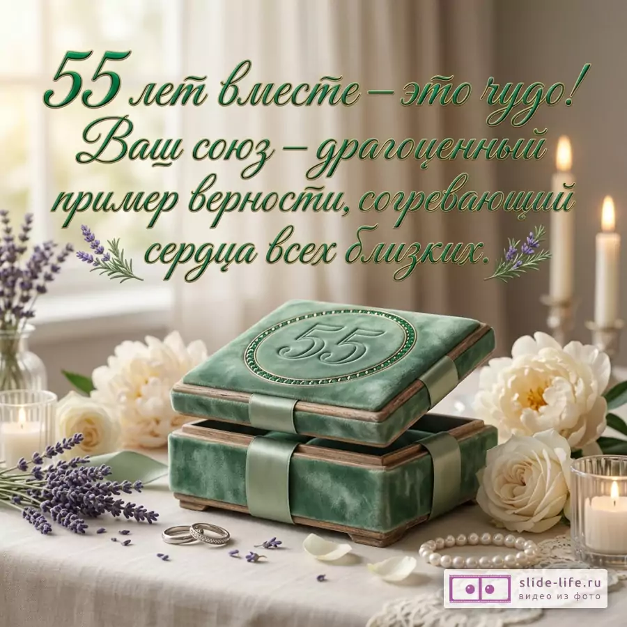 Открытка с текстом «55 лет вместе – это чудо! Ваш союз – драгоценный пример верности, согревающий сердца всех близких.» бежевый фон, зеленая шкатулка с числом «55», белые цветы, лаванда, свечи, кольца, жемчуг