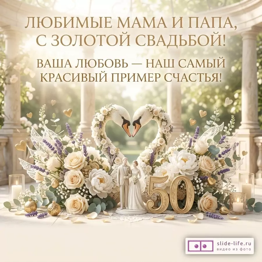 Светлая бежево-золотая открытка с цветами, лебедями и цифрой 50. Текст: «Любимые мама и папа, с золотой свадьбой! Ваша любовь — наш самый красивый пример счастья!»