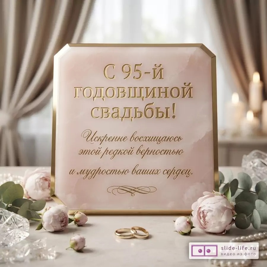 Розовая мраморная табличка в золотой рамке с надписью «С 95-й годовщиной свадьбы! Искренне восхищаюсь этой редкой верностью и мудростью ваших сердец», обручальные кольца и пионы.