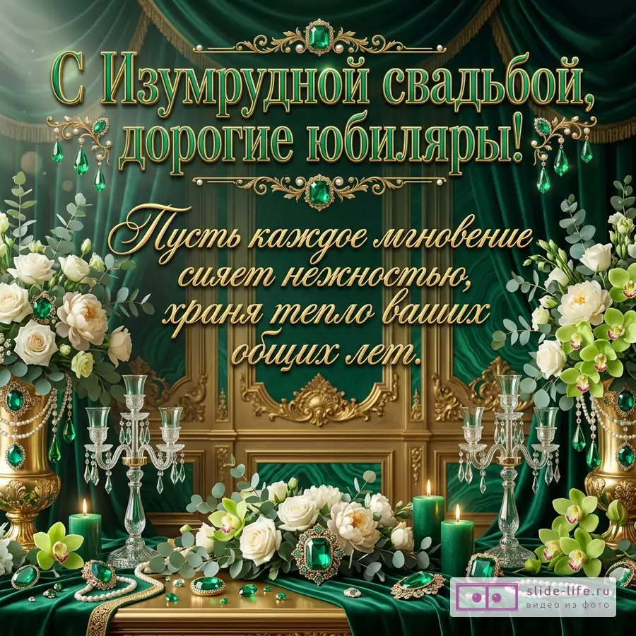 Открытка с темно-зеленым фоном, золотым декором, белыми розами, зелеными орхидеями, свечами, хрустальными канделябрами, изумрудами, текстом «С Изумрудной свадьбой, дорогие юбиляры! Пусть каждое мгновение сияет нежностью, храня тепло ваших общих лет.»