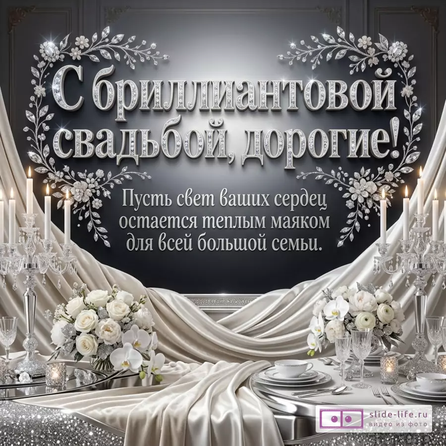 Серебристо-серая открытка с блестящими цветочными узорами, белыми свечами, драпировкой, белыми цветами и текстом «С бриллиантовой свадьбой, дорогие! Пусть свет ваших сердец остается теплым маяком для всей большой семьи.»