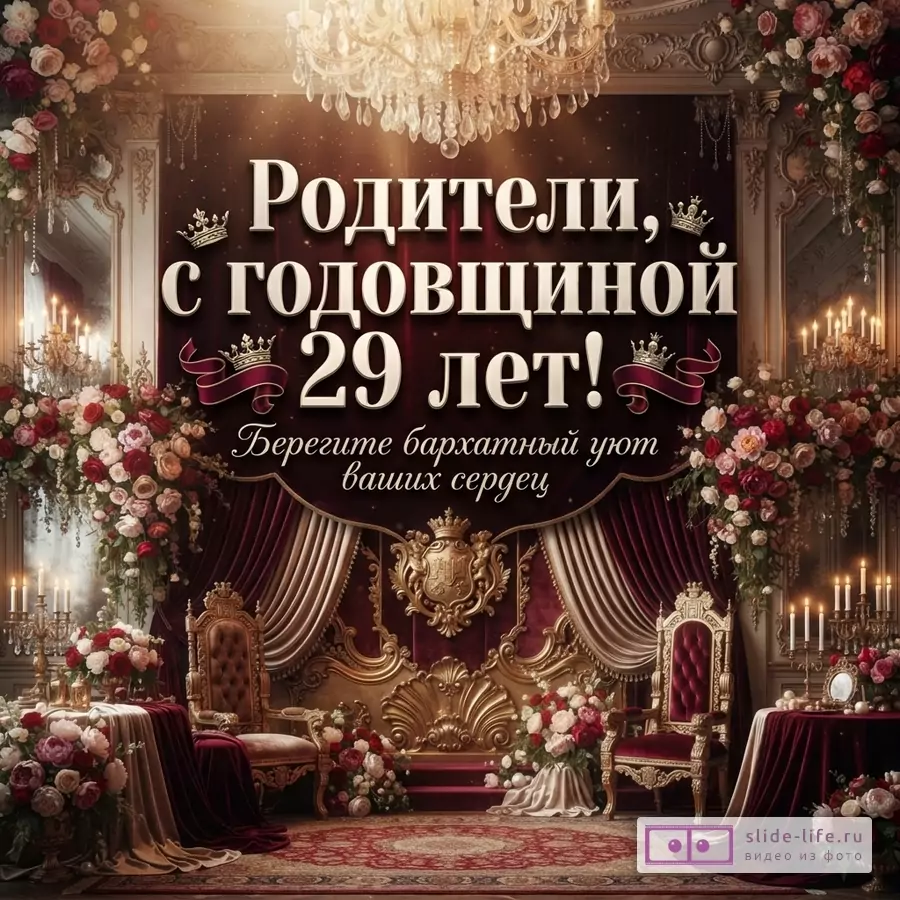Фон бордовый, золотой, бежевый. Текст «РОДИТЕЛИ, С ГОДОВЩИНОЙ 29 ЛЕТ! БЕРЕГИТЕ БАРХАТНЫЙ УЮТ ВАШИХ СЕРДЕЦ.»