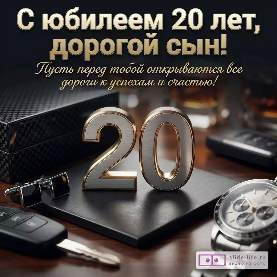 Объемная металлическая цифра 20, наручные часы, ключ от авто, запонки и надпись «С юбилеем 20 лет, дорогой сын! Пусть перед тобой открываются все дороги к успехам и счастью!».