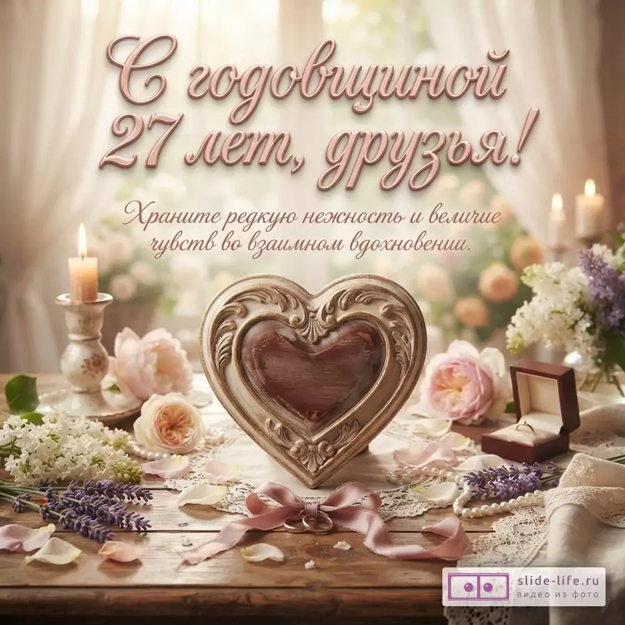 Открытка с надписью «С годовщиной 27 лет, друзья! Храните редкую нежность и величие чувств во взаимном вдохновении.» на фоне окна, свечей, цветов и декоративного сердца.