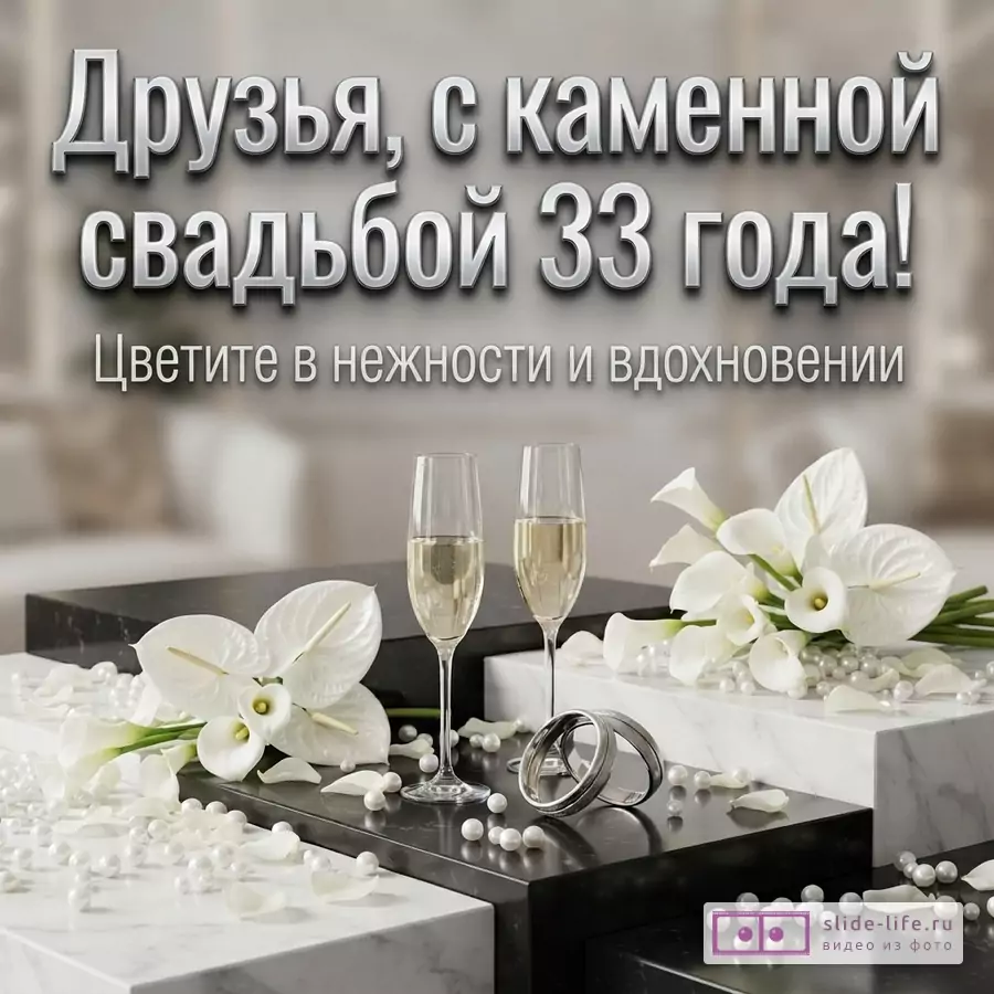 Фон размытый, сверху текст серыми буквами, снизу два бокала шампанского, два кольца, белые цветы каллы, лепестки и жемчужины на черных и белых мраморных подставках. Текст: «Друзья, с каменной свадьбой 33 года! Цветите в нежности и вдохновении»