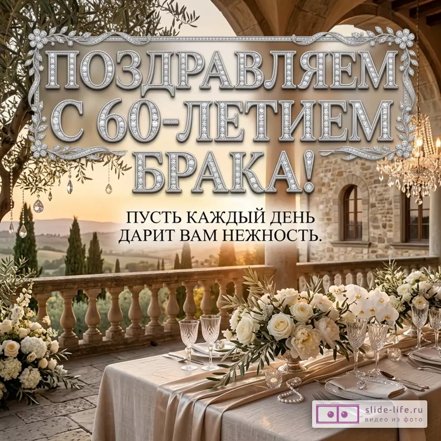 Бежевая открытка с террасой, каменными арками, люстрами, сервированным столом с белыми цветами и текстом «ПОЗДРАВЛЯЕМ С 60-ЛЕТИЕМ БРАКА! ПУСТЬ КАЖДЫЙ ДЕНЬ ДАРИТ ВАМ НЕЖНОСТЬ.»