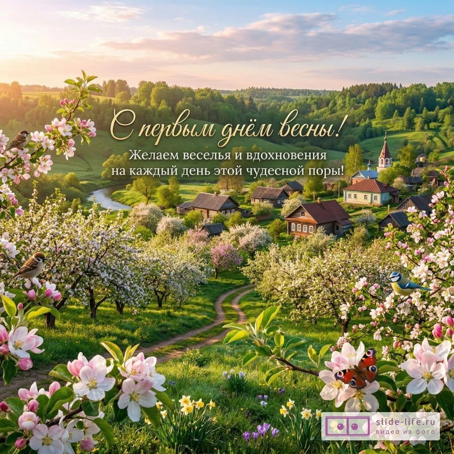 Открытка с первым днём весны — красивое поздравление с началом весеннего настроения