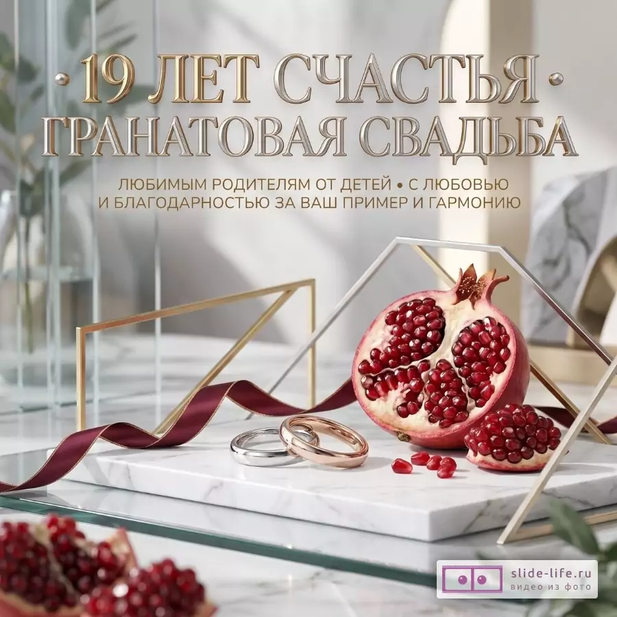 Светло-бежевый и серый фон, мраморная поверхность, бордовая лента, два кольца, половина граната и зерна. Текст: «19 ЛЕТ СЧАСТЬЯ ГРАНАТОВАЯ СВАДЬБА» «ЛЮБИМЫМ РОДИТЕЛЯМ ОТ ДЕТЕЙ»