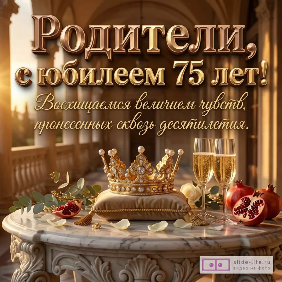 Золотая корона на подушечке, два бокала с шампанским и гранаты на мраморном столике, надпись «Родители, с юбилеем 75 лет! Восхищаемся величием чувств, пронесенных сквозь десятилетия.»