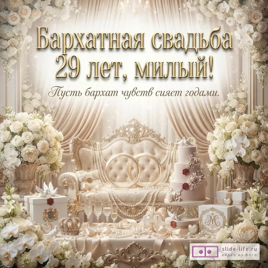 Фон бежевый, кремовый. В центре диван, стол с тортом, бокалами, подарками, цветами. Текст: «Бархатная свадьба 29 лет, милый! Пусть бархат чувств сияет годами.»