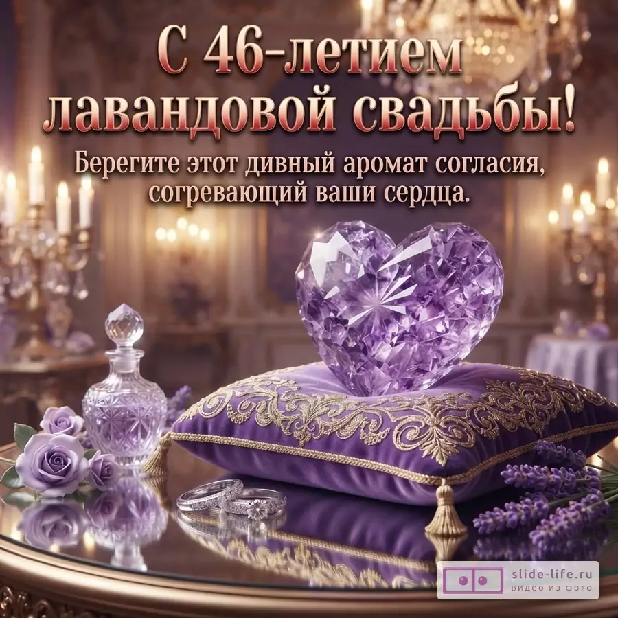 Фон размытый, золотисто-фиолетовый. В центре фиолетовое сердце из кристаллов на фиолетовой подушке. Рядом кольца, лаванда, флакон. Текст: «С 46-летием лавандовой свадьбы! Берегите этот дивный аромат согласия, согревающий ваши сердца.»