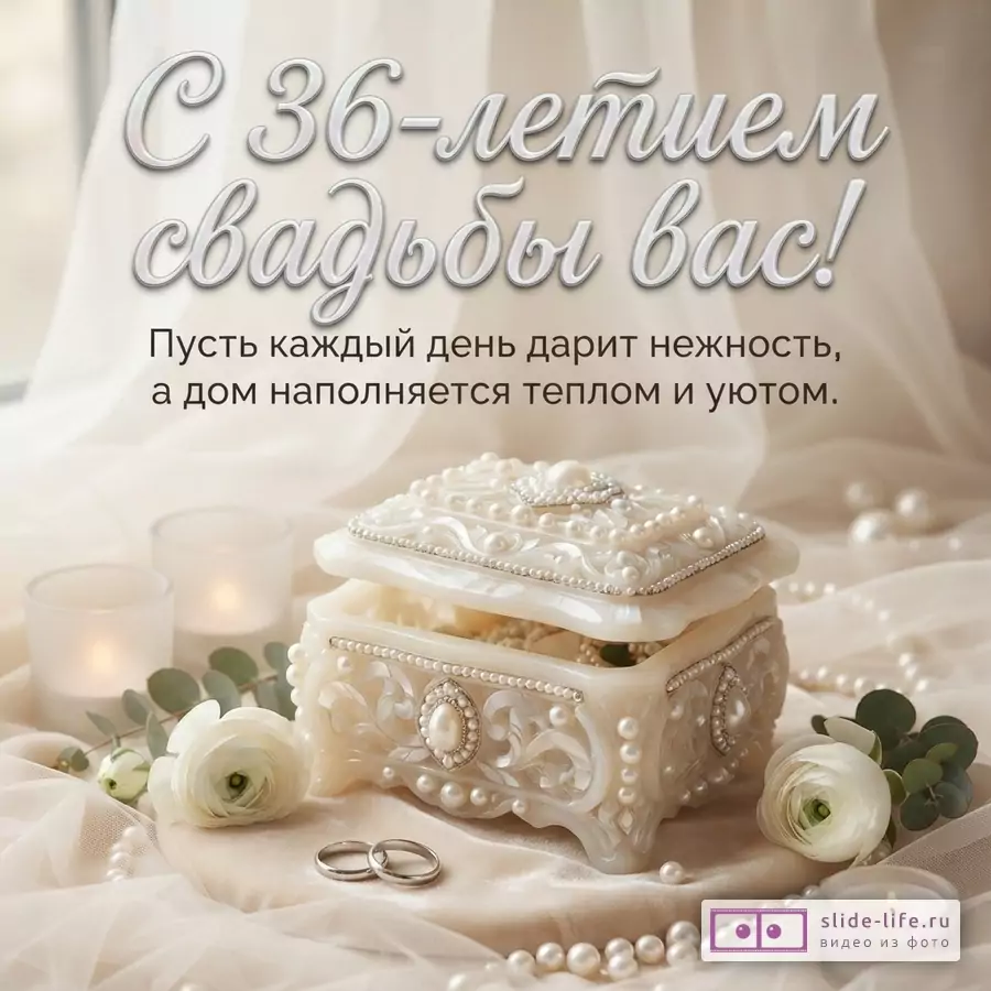 Открытка с бежевым фоном, сверху текст «С 36-летием свадьбы вас! Пусть каждый день дарит нежность, а дом наполняется теплом и уютом.». В центре перламутровая шкатулка с жемчугом, рядом два обручальных кольца, белые цветы, свечи и жемчужные бусы.