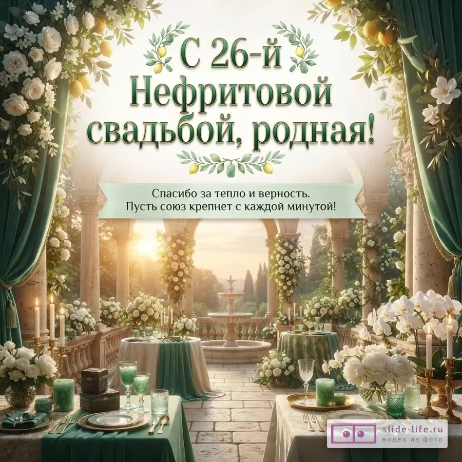 Мраморная терраса с колоннами, фонтаном и зелеными драпировками. Текст: «С 26-й Нефритовой свадьбой, родная! Спасибо за тепло и верность. Пусть союз крепнет с каждой минутой!».