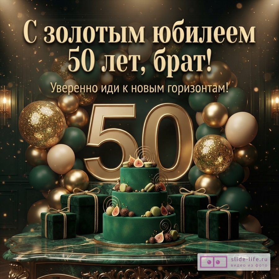 Открытка с золотыми буквами на черном фоне, золотые и темно-зеленые шары, золотые цифры «50», зеленый торт, зеленые подарки. Текст: «С золотым юбилеем 50 лет, брат! Уверенно иди к новым горизонтам!»