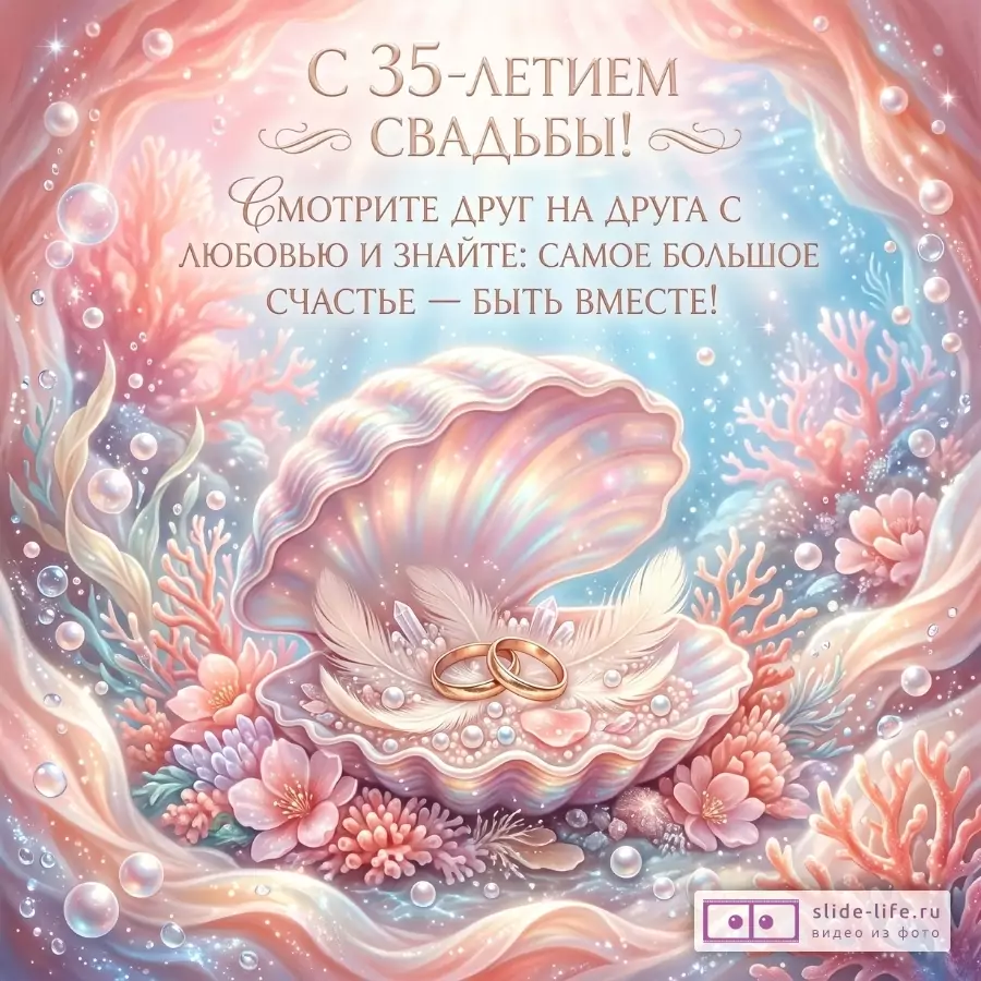 Розово-голубой подводный фон, раковина с двумя кольцами, кораллы и цветы; текст «С 35-ЛЕТИЕМ СВАДЬБЫ! Смотрите друг на друга с любовью и знайте: самое большое счастье — быть вместе!»