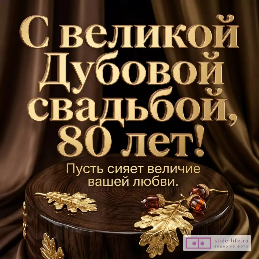 Коричневый фон с драпировкой, деревянный круглый спил, украшенный золотыми дубовыми листьями и янтарными бусинами, текст «С великой Дубовой свадьбой, 80 лет! Пусть сияет величие вашей любви.»