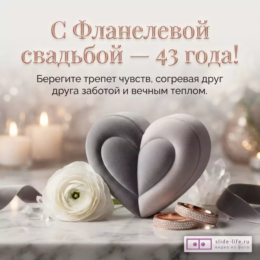 Светлый фон, сверху текст «С Фланелевой свадьбой — 43 года! Берегите трепет чувств, согревая друг друга заботой и вечным теплом.». В центре серое и розовое сердце, слева белый цветок, справа два кольца.