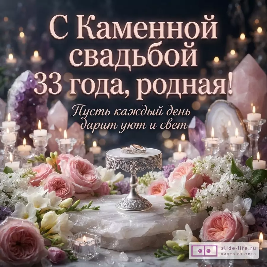 Темный фон, свечи, кристаллы, цветы, обручальные кольца на подставке. Текст: «С Каменной свадьбой 33 года, родная! Пусть каждый день дарит уют и свет»