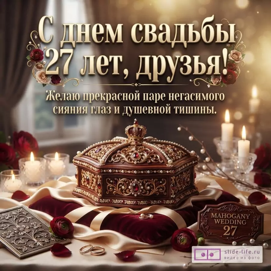 Фон золотисто-коричневый, размытый. В центре текста «С днем свадьбы 27 лет, друзья!» и «Желаю прекрасной паре негасимого сияния глаз и душевной тишины.». На переднем плане шкатулка, свечи, кольца, розы.