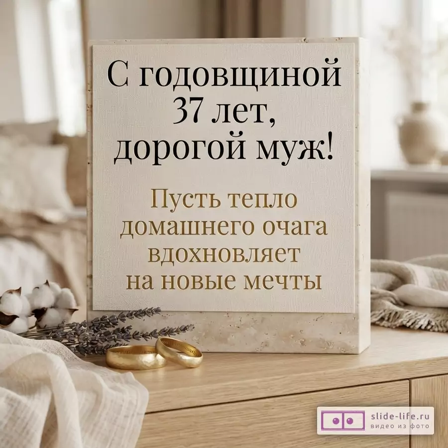 Бежевая открытка на текстурном фоне, текст черным и золотым цветом «С годовщиной 37 лет, дорогой муж! Пусть тепло домашнего очага вдохновляет на новые мечты», рядом два золотых кольца, лаванда, хлопок