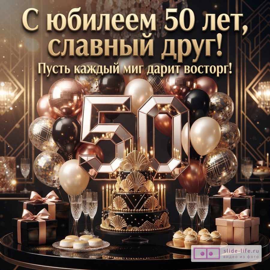 Черный фон, золотые буквы, шары черные, золотые, бежевые, розовое золото, цифры «50» из зеркал, торт черный с золотом, подарки, бокалы. Текст: «С юбилеем 50 лет, славный друг! Пусть каждый миг дарит восторг!»