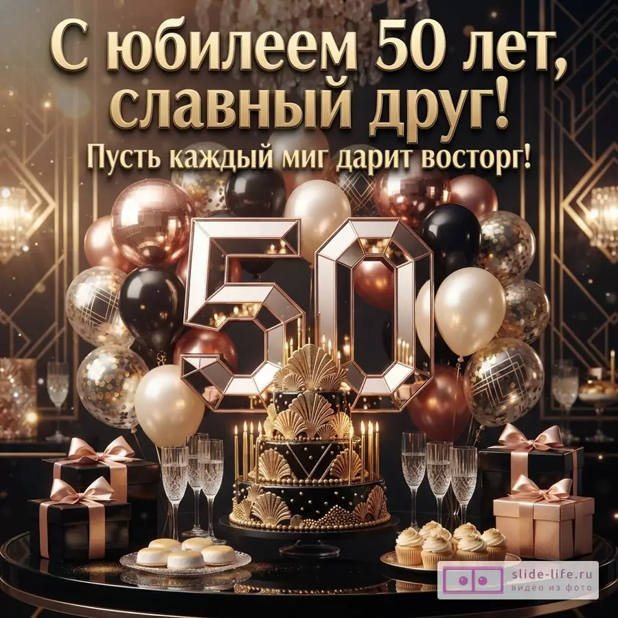 Яркая открытка славному другу на юбилей 50 лет с пожеланием восторга