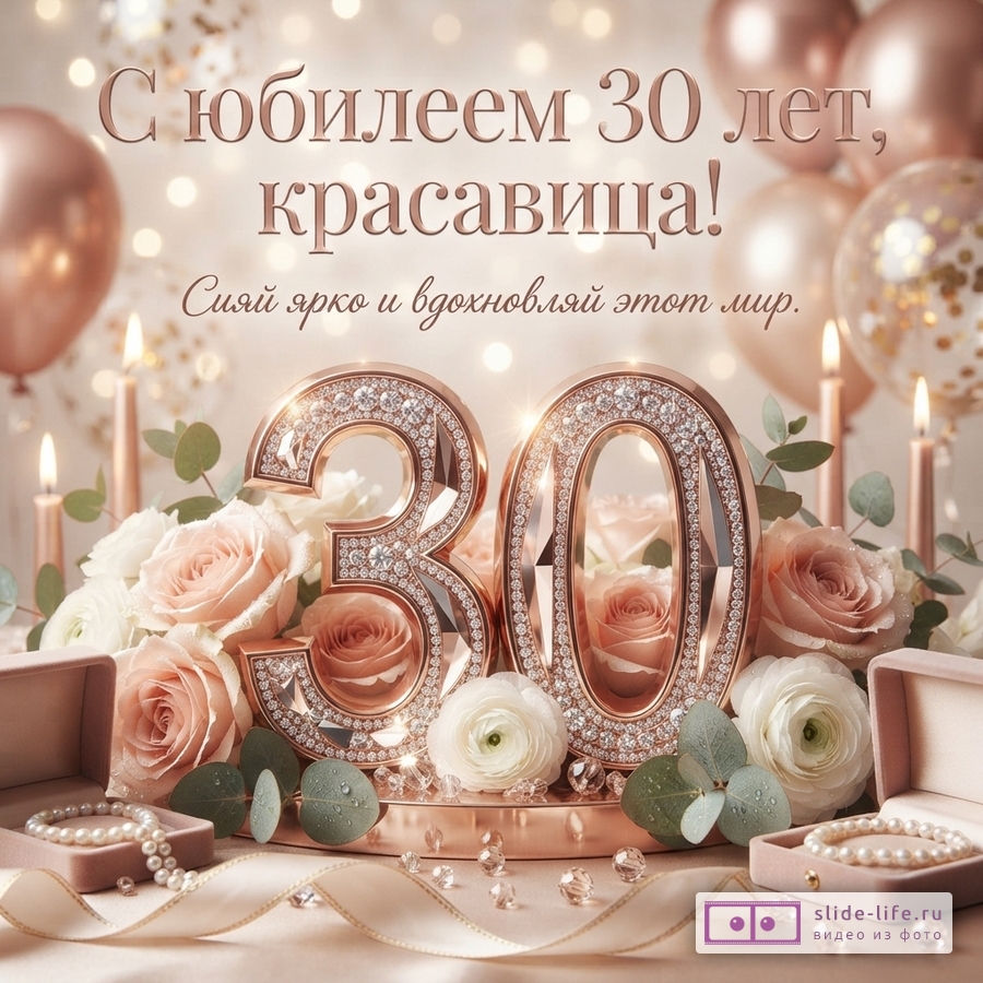 Объемная цифра 30 в стразах среди роз, свечей и шаров с надписью «С юбилеем 30 лет, красавица! Сияй ярко и вдохновляй этот мир.»