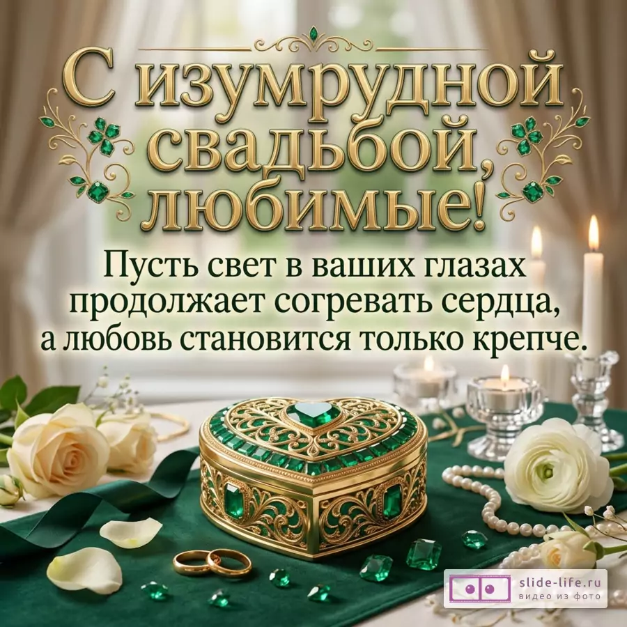 Открытка с текстом «С изумрудной свадьбой, любимые! Пусть свет в ваших глазах продолжает согревать сердца, а любовь становится только крепче.» золотой текст, бежевый фон, зеленая шкатулка-сердце, свечи, белые розы, кольца, жемчуг, изумруды