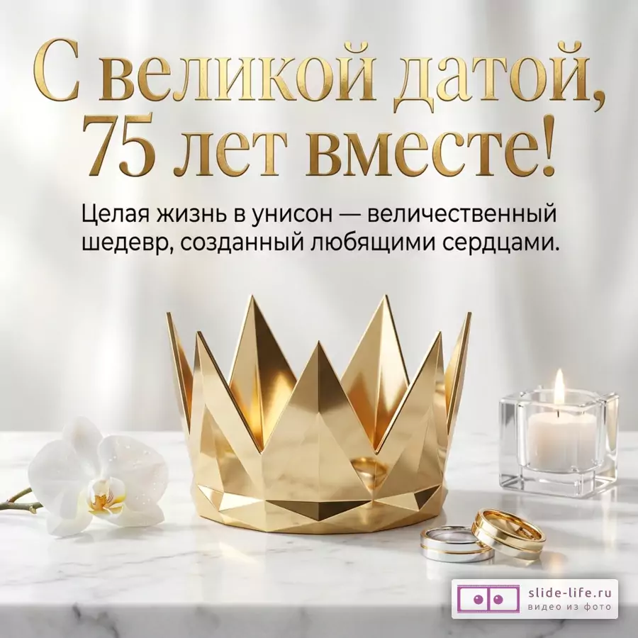 Золотая корона, обручальные кольца, свеча и цветок орхидеи на белом мраморе с текстом «С великой датой, 75 лет вместе! Целая жизнь в унисон — величественный шедевр, созданный любящими сердцами.»