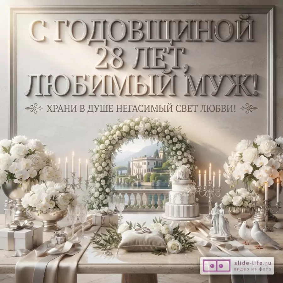 Светлая открытка с белыми цветами и свечами, на фоне арка с видом на озеро. Текст: «С годовщиной 28 лет, любимый муж! Храни в душе негасимый свет любви!»