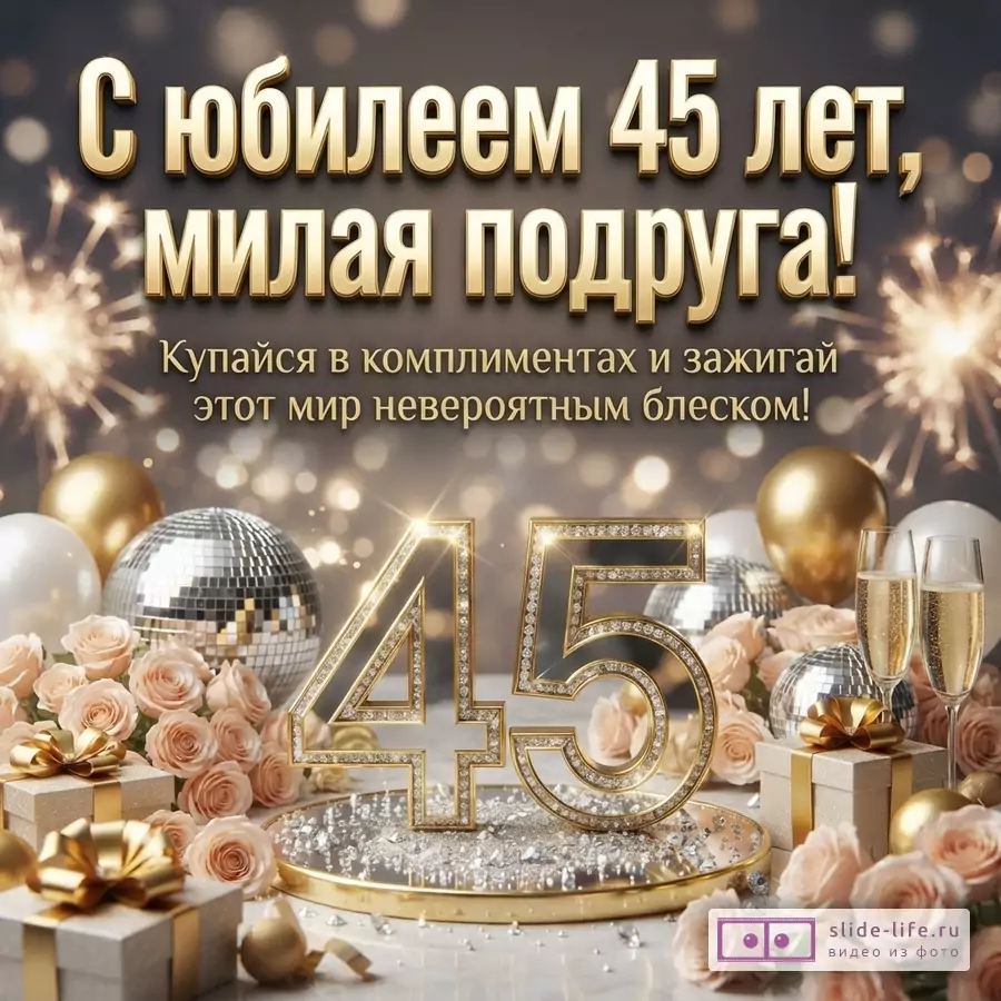 Фон тёмно-серый с золотистыми бликами и искрами. В центре золотые цифры «45» с бриллиантами. Вокруг розы, подарки, шары, диско-шары, бокалы с шампанским. Текст сверху: «С юбилеем 45 лет, милая подруга! Купайся в комплиментах и зажигай этот мир невероятным блеском!»