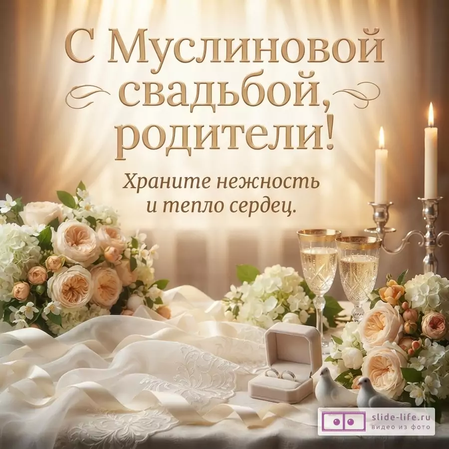 Бежевый фон, золотистые буквы, букеты цветов, бокалы с шампанским, свечи, кольца в коробочке, две белые голубки. Текст: «С Муслиновой свадьбой, родители! Храните нежность и тепло сердец.»