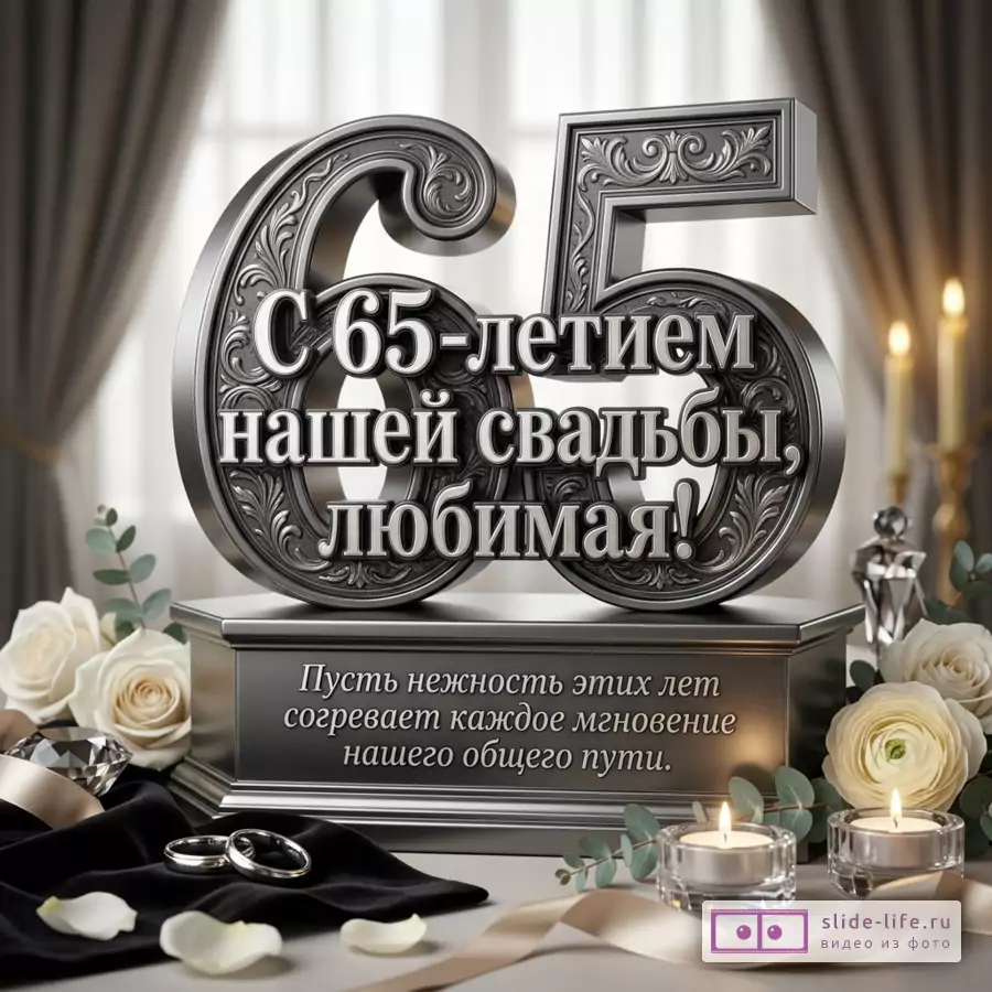 Серебристые объемные цифры 65 на постаменте, белые розы, кольца, свечи, серо-бежевый фон с шторами, текст «С 65-летием нашей свадьбы, любимая! Пусть нежность этих лет согревает каждое мгновение нашего общего пути.»