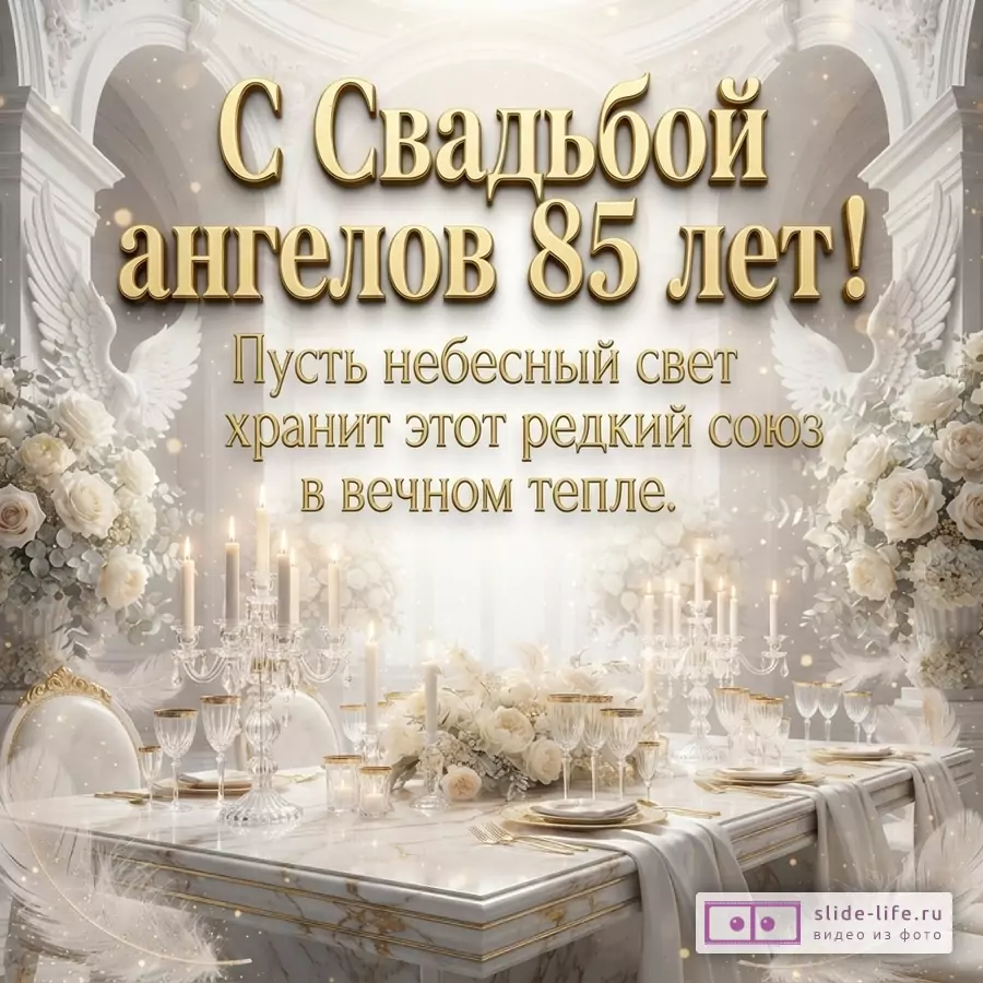 Белый праздничный зал с колоннами, сервированный стол со свечами и цветами, надпись: «С Свадьбой ангелов 85 лет! Пусть небесный свет хранит этот редкий союз в вечном тепле.»