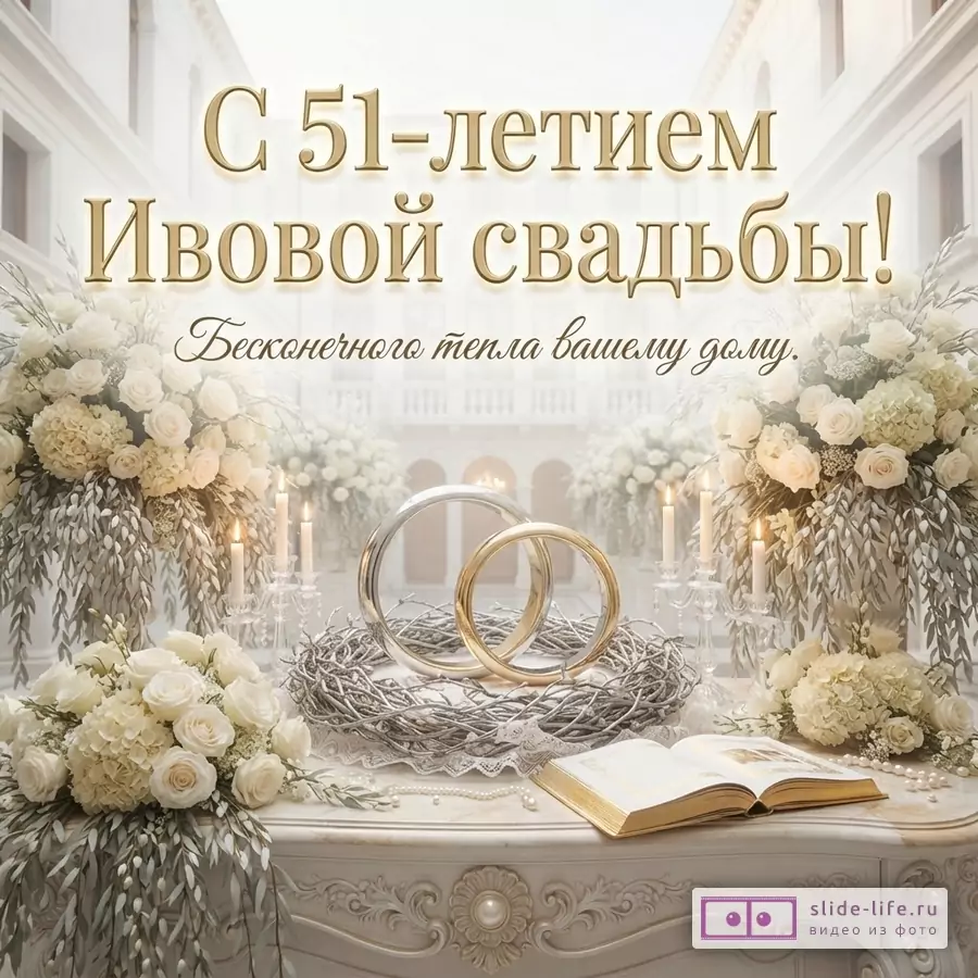 Открытка с белым фоном, золотыми буквами и цветами. На переднем плане два обручальных кольца, книга и свечи. Текст: «С 51-летием Ивовой свадьбы! Бесконечного тепла вашему дому.»