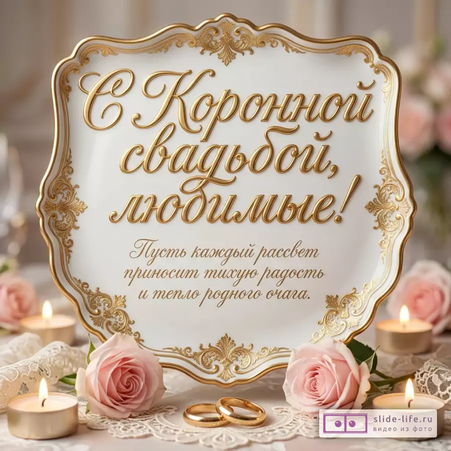 Белая фигурная табличка с золотым узором, кольца, розы, свечи и надпись «С Коронной свадьбой, любимые! Пусть каждый рассвет приносит тихую радость и тепло родного очага.»