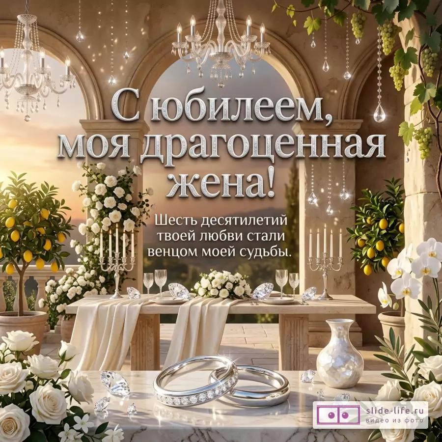 Интерьер террасы в бежево-золотых тонах, арки, хрустальные подвески, свечи, белые цветы, лимонные деревья, орхидея, стол с тканью, текст «С годовщиной, моя драгоценная жена! Шесть десятилетий твоей любви любви стали главным украшением моей судьбы.»