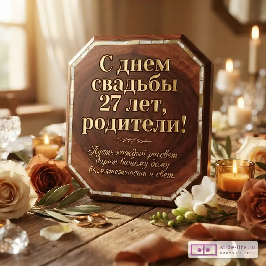 Деревянная табличка с золотыми буквами на фоне праздничного стола. Текст: «С днем свадьбы 27 лет, родители! Пусть каждый рассвет дарит вашему дому безмятежность и свет.»