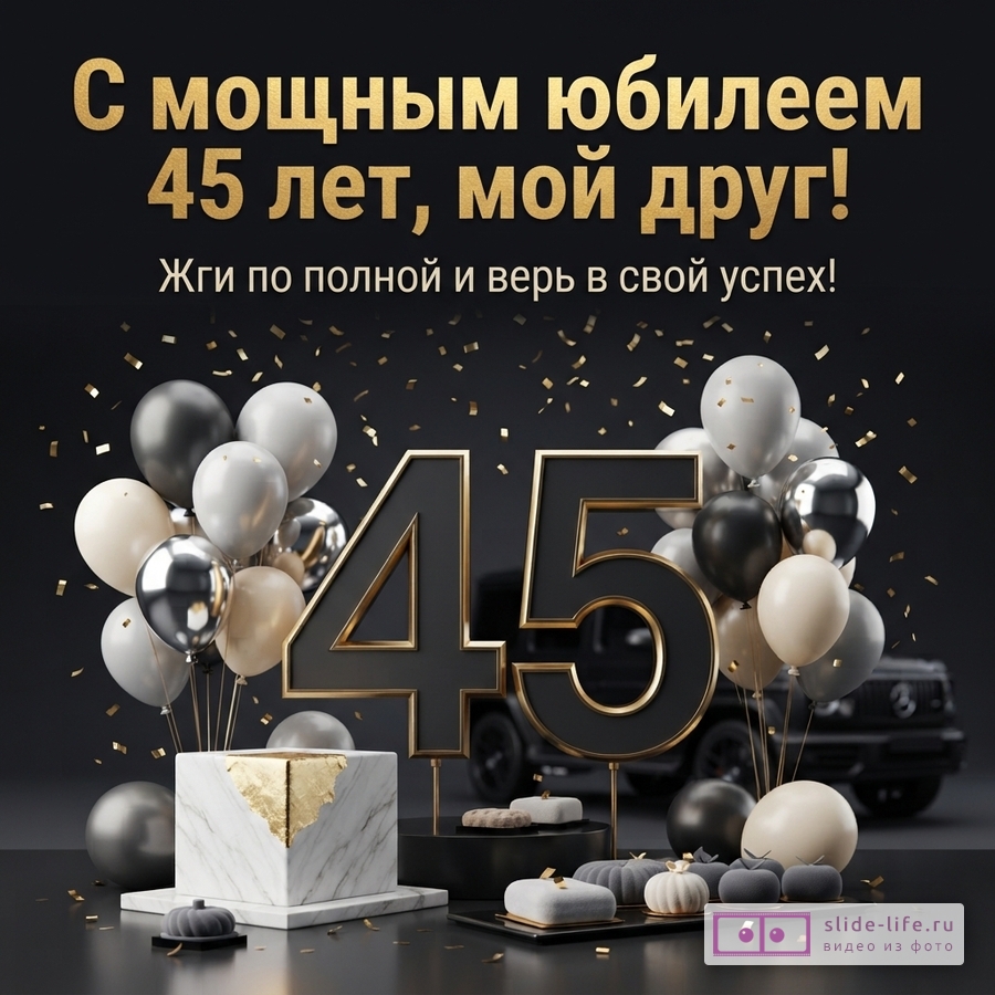 Черный фон, золотые и черные цифры «45», воздушные шары белого, серого, черного и золотого цвета, золотое конфетти. Текст: «С мощным юбилеем 45 лет, мой друг! Жги по полной и верь в свой успех!»