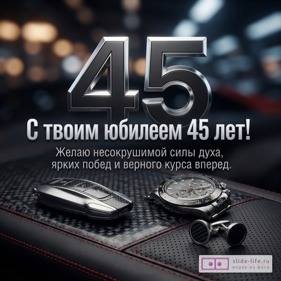 Открытка с цифрами «45» на черном фоне с размытыми огнями, на переднем плане лежит ключ от машины, наручные часы и запонки. Текст: «С твоим юбилеем 45 лет! Желаю несокрушимой силы духа, ярких побед и верного курса вперед.»