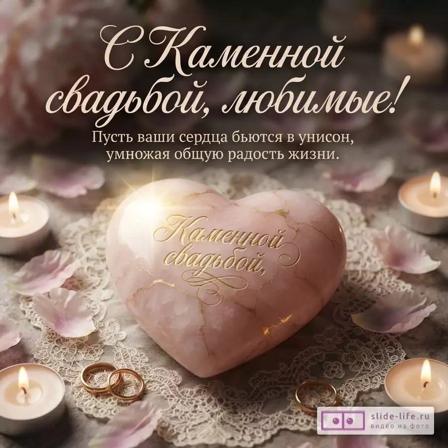 Розовый фон, свечи, лепестки, кружевная салфетка, розовое сердце с надписью «Каменной свадьбой», обручальные кольца. Текст: «С Каменной свадьбой, любимые! Пусть ваши сердца бьются в унисон, умножая общую радость жизни.»